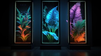 Three Neon-Lit Terrariums with Vibrant Plants