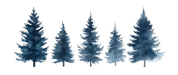 Obraz premium Christmas trees Vector watercolor illustration,Forest, fir trees, pine trees, woods watercolor illustration,festival set