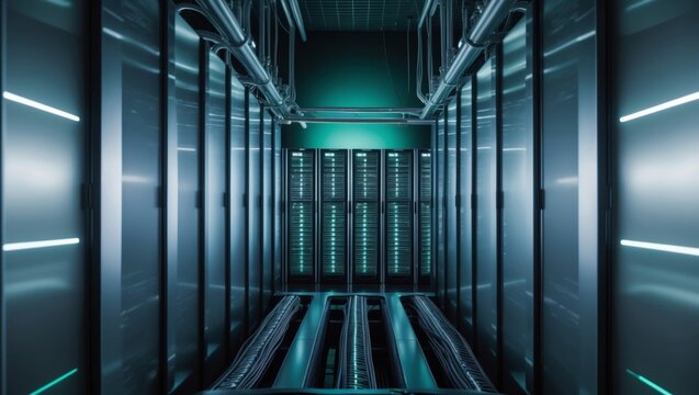 Modern data center with rows of servers illuminated by green and blue lighting at night