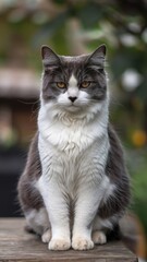 Photo of a serious cute cat sitting on a table in a home interior, looking straight into the camera lens.