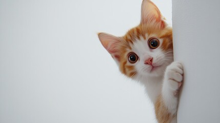 Playful kitten peering from behind a wall, bright eyes