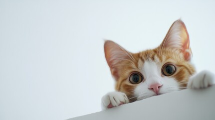 Obraz premium Curious cat peeking over a white ledge, wide-eyed look