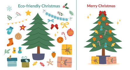 Fototapeta premium Sustainable Christmas tree decorations set for holiday greeting card. Ecological Christmas. Christmas tree and Christmas ornaments.