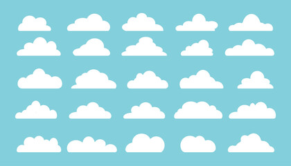 Vector illustration of white flat clouds on blue sky. Cloudy sky background. Set of clouds.