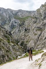 A female tourist hiking the picturesque Cares gorge in the Picos de Europa mountains, Asturias in Spain