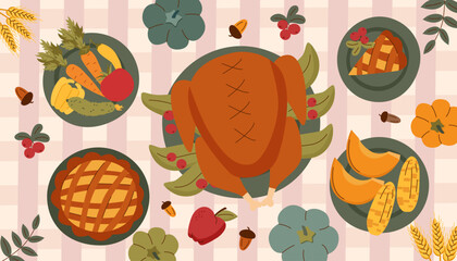 Thanksgiving family dinner banner. Roasted turkey and different dishes on the table. Thanksgiving background. Top view.