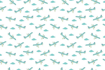Travel seamless pattern of airplanes on white background. Airplanes in the sky. The concept of flight and vacation. Boys pattern. 
