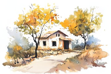 Nice scenery of village homes and trees with green foliage. Hand painted watercolor art created with watercolor paint and brushes. Indian village landscape.
