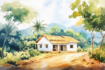 Nice scenery of village homes and trees with green foliage. Hand painted watercolor art created with watercolor paint and brushes. Indian village landscape.
