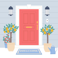 Welcome front door mat. Cartoon flat style house exterior part, wiping shoes, entrance rug with inscription, lemon trees, home or apartment facade. Architectural background, vector concept