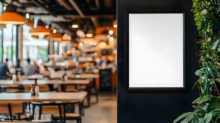 Modern Black Frame with White Space for Text in a Stylish Restaurant Interior Featuring Natural Elements and Casual Dining Atmosphere