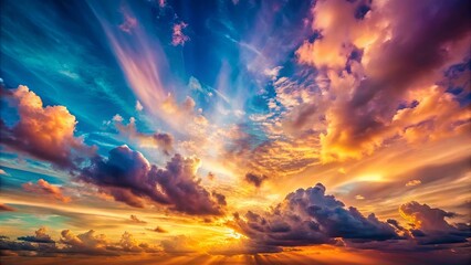 Naklejka premium A canvas of swirling clouds, painted with hues of gold, purple, and blue, illuminated by the radiant glow of a setting sun.