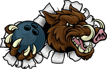 A wild boar, hog razorback warthog pig mean tough cartoon sports mascot holding a bowling ball