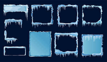 Ice square rectangular empty frames set and corners. Borders with Icicle cold winter decor frozen panels. Holiday party design elements Christmas dicoration. Cartoon style isolated vector clipart