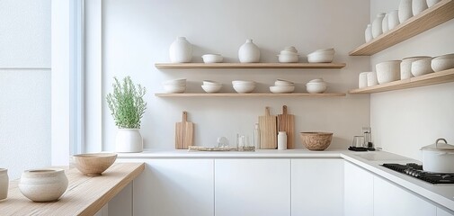 Minimalist kitchen interior featuring wooden shelves and neutral-toned pottery. Aesthetically pleasing design enhances the home cooking experience.