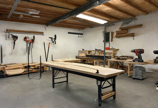 Spacious carpentry workshop with a sturdy workbench, power tools, wood planks on racks, and a rugged, lived-in feel. Generative AI