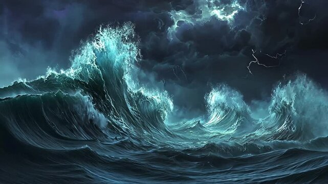 A stormy sea with crashing waves glowing in the dark.