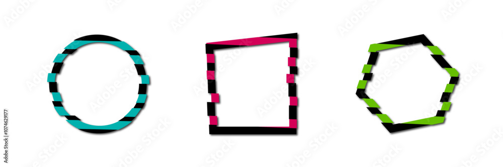 Wall mural three abstract vector frames of different shapes and colors on a transparent background