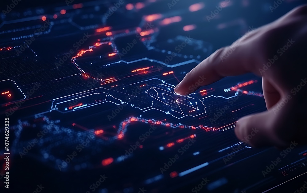 Aufkleber A hand interacts with a glowing digital map, highlighting paths and data points in a high-tech, futuristic interface.
