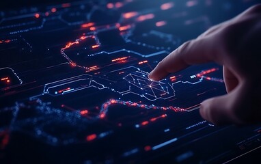 A hand interacts with a glowing digital map, highlighting paths and data points in a high-tech, futuristic interface.