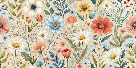 A Delicate Floral Pattern with White, Blue, and Peach Blossoms on a Soft Beige Background