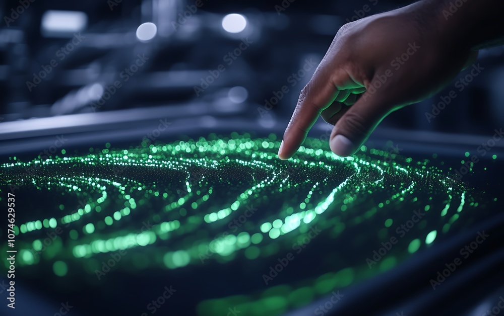 Aufkleber A hand interacts with a digital surface displaying flowing green light patterns, depicting a blend of technology and creativity.