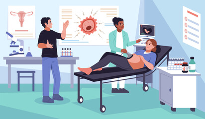 Pregnant woman at gynecologist appointment. Family planning, doctor does an ultrasound, couple is expecting newborn. Monitoring pregnancy and healthy cartoon flat isolated tidy vector concept