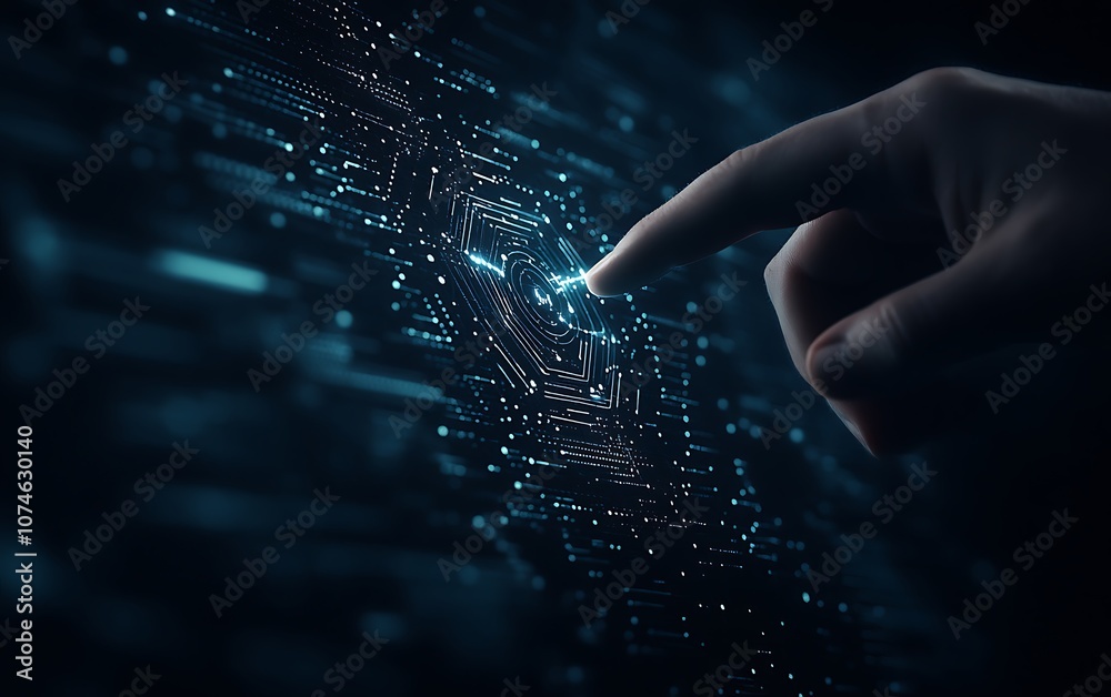 Leinwandbilder a hand reaches out to touch a digital interface made of glowing particles and data, symbolizing inte