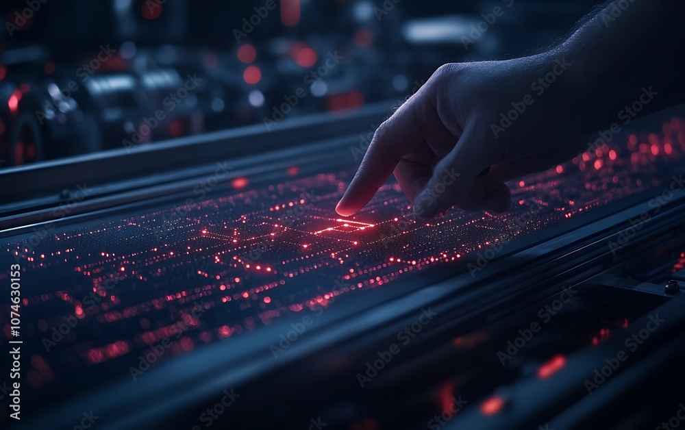 Aufkleber a hand gently touches a glowing interface filled with intricate red lights, suggesting advanced tech