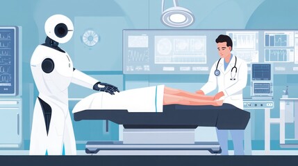 Concept of AI in healthcare, robot assisting a doctor during surgery in a sterile environment