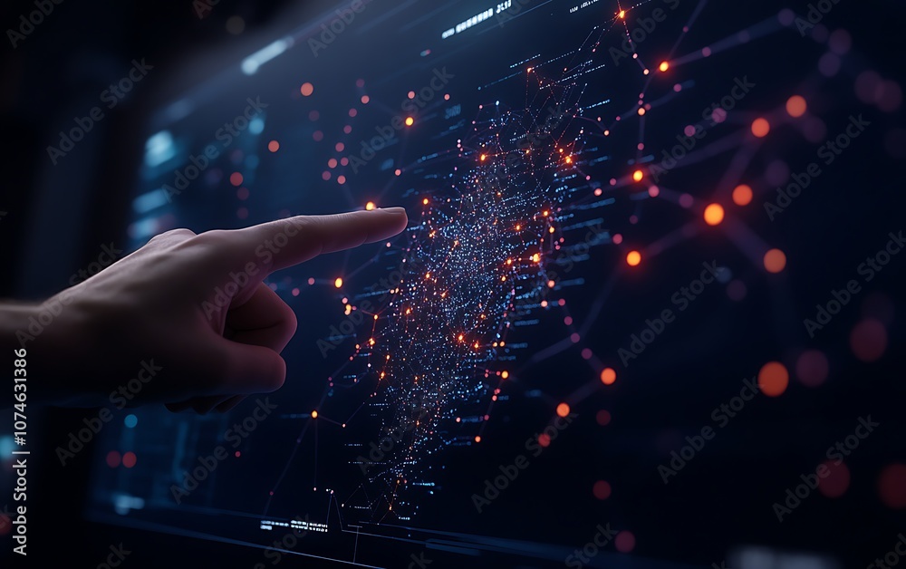 Fototapete A hand points at a digital display filled with interconnected data points, representing a complex network or system analysis.
