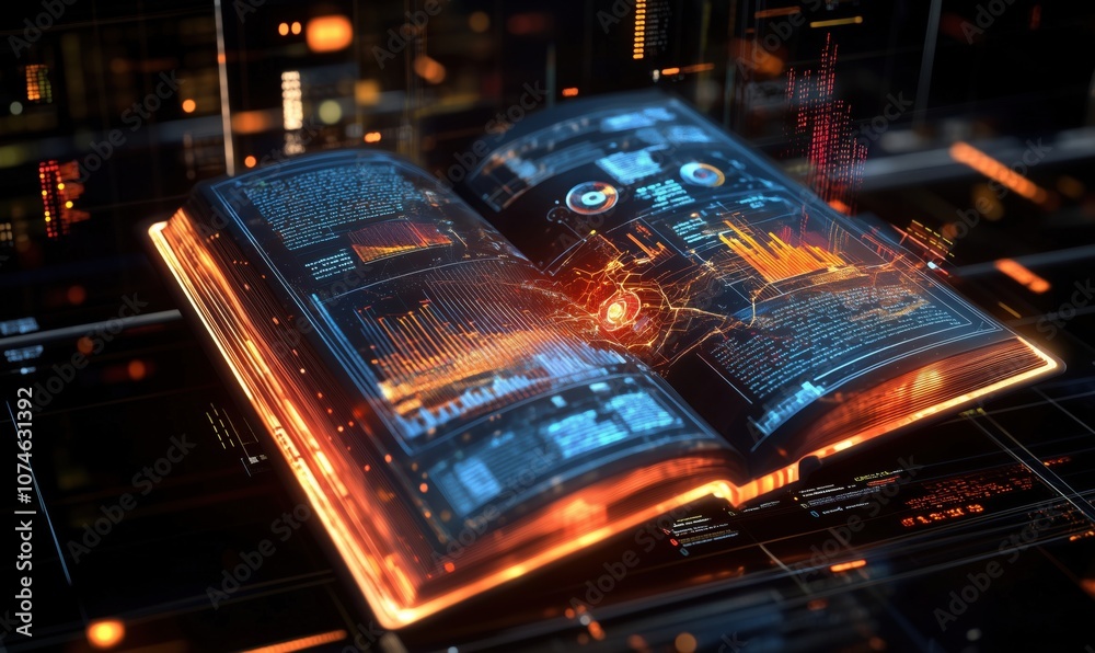 Poster digital book with data visualizations and graphs, glowing interface elements