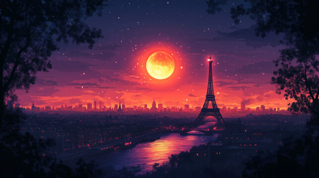 Illustration Vectorielle de Paris &agrave; Minuit avec la Tour Eiffel en Digital Art