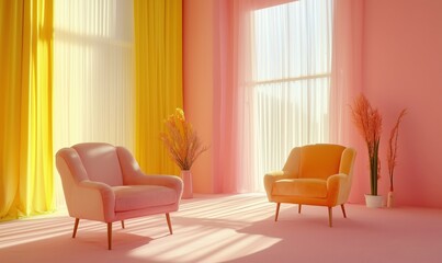 Colorful interior design with pink and yellow curtains, stylish chairs, and plants