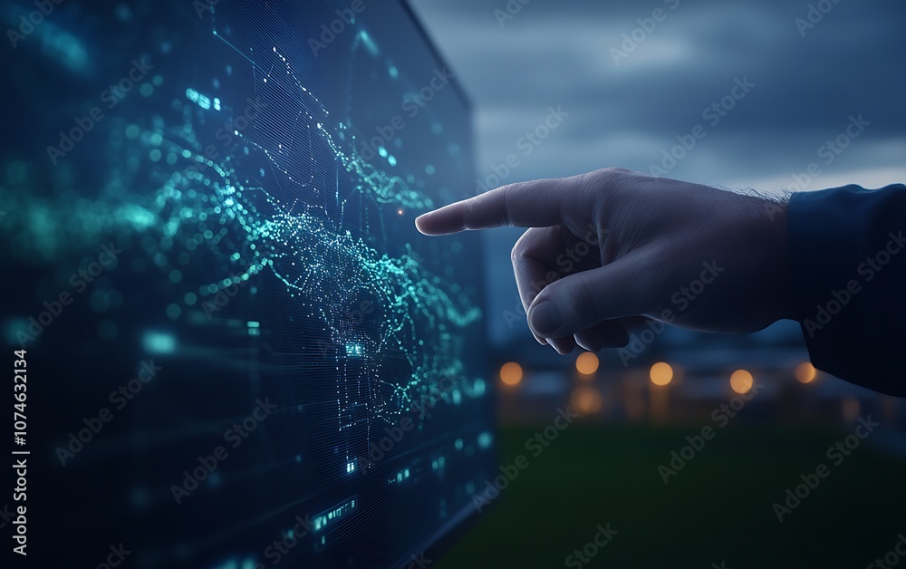 Fototapete a hand points at a glowing digital interface displaying intricate data visualizations against a mood