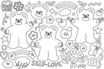 Outline of teddy bear, butterfly, cherry, flowers, star, apple, rainbow for cartoon character, comic, mascot, greeting card, animals, zoo, souvenir shop, cute patch, kid colouring book, art, painting