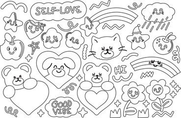 Outline of teddy bear, cat, puppy, flower, star, heart, apple, orange, rainbow for kid colouring book, art, painting, cartoon character, animals, zoo, souvenir, cute patch, print, standee, stickers
