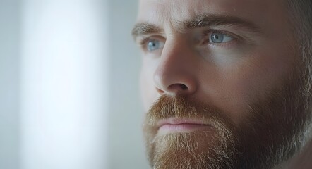 A close-up portrait of a young man with blue eyes and a neatly groomed beard. His expression is calm and reflective, with a gentle focus in his eyes that conveys thoughtfulness.