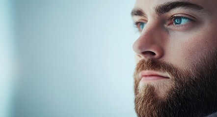 A close-up portrait of a young man with blue eyes and a neatly groomed beard. His expression is calm and reflective, with a gentle focus in his eyes that conveys thoughtfulness.