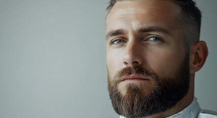 Fototapeta premium A close-up portrait of a young man with blue eyes and a neatly groomed beard. His expression is calm and reflective, with a gentle focus in his eyes that conveys thoughtfulness.