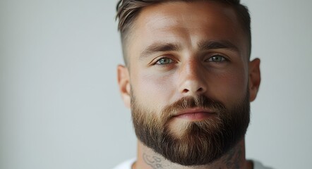 Fototapeta premium A close-up portrait of a young man with blue eyes and a neatly groomed beard. His expression is calm and reflective, with a gentle focus in his eyes that conveys thoughtfulness.