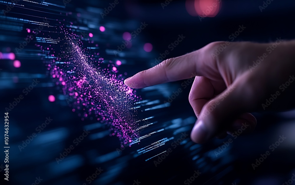 Poster a close-up of a hand reaching towards abstract, glowing particles, representing interaction with tec