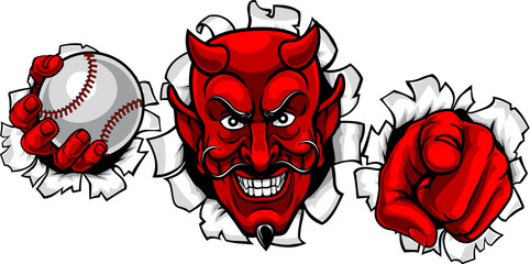 A devil man holding baseball ball and breaking through the background pointing sports team mascot illustration.