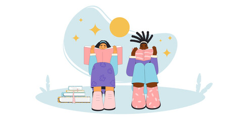 Teenage friends reading books under a night sky with stars and moon. Book lovers concept isolated on white background. Vector flat illustration