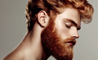 A young man with striking red hair and a full, bushy beard. He has a profile pose, with his eyes gently closed, which adds a sense of calmness and contemplation.