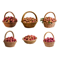 Basket filled with lychee fruit on white background