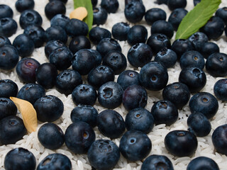 Blueberries lying on grains of rice with green leaves in between