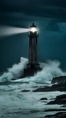 Ocean lighthouse stands resilient during a twilight thunderstorm, surrounded by lightning strikes and turbulent waves.