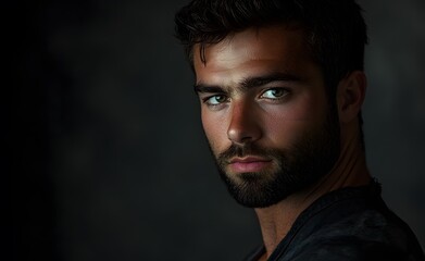 A young man with dark hair, a trimmed beard, and striking green eyes. His expression is intense and serious, and his face is turned slightly towards the viewer.