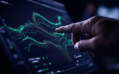 A finger interacts with a digital screen displaying dynamic data visualizations and green line graphs, illustrating advanced technology and analytics.